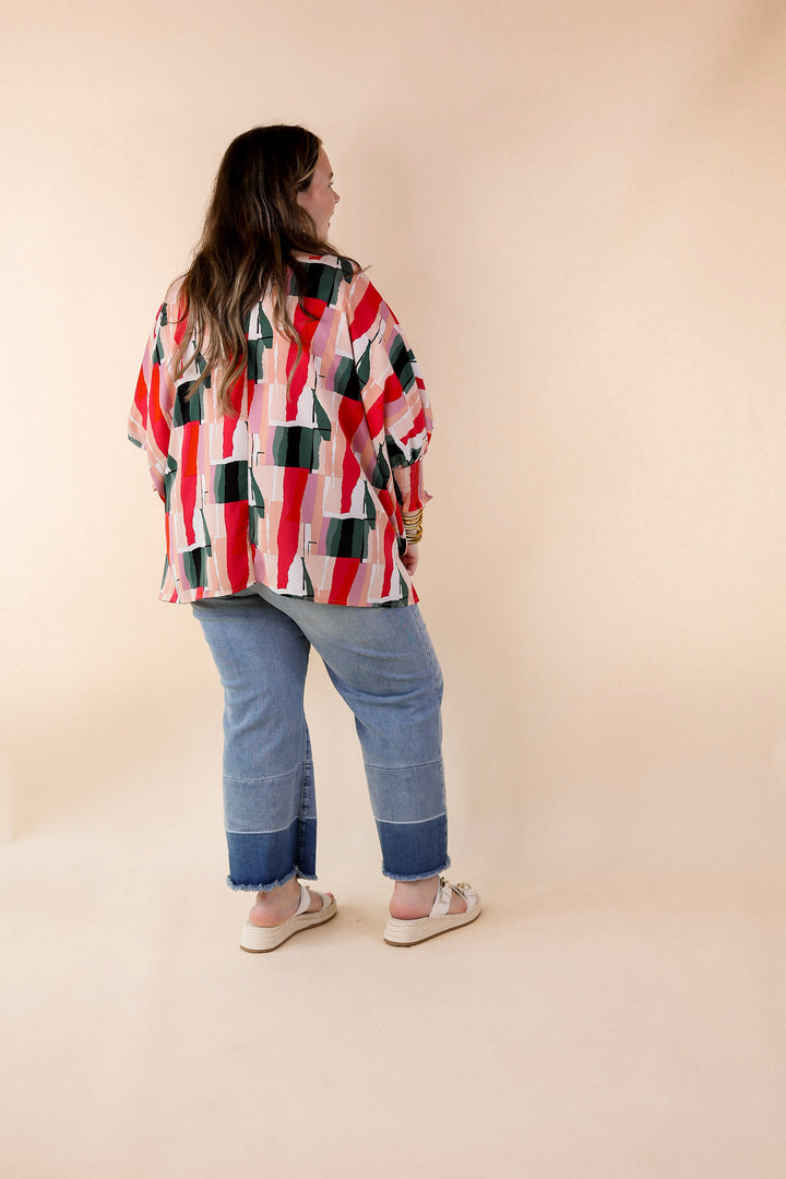 Museum Bound Abstract Print Top in Red and Green - Giddy Up Glamour Boutique