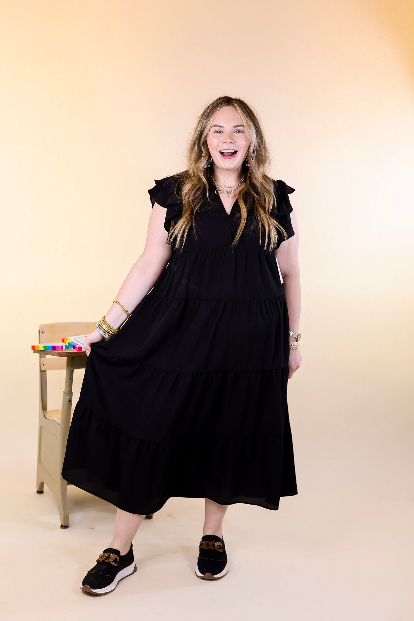 All Of A Sudden Tiered Midi Dress with Ruffle Cap Sleeves in Black