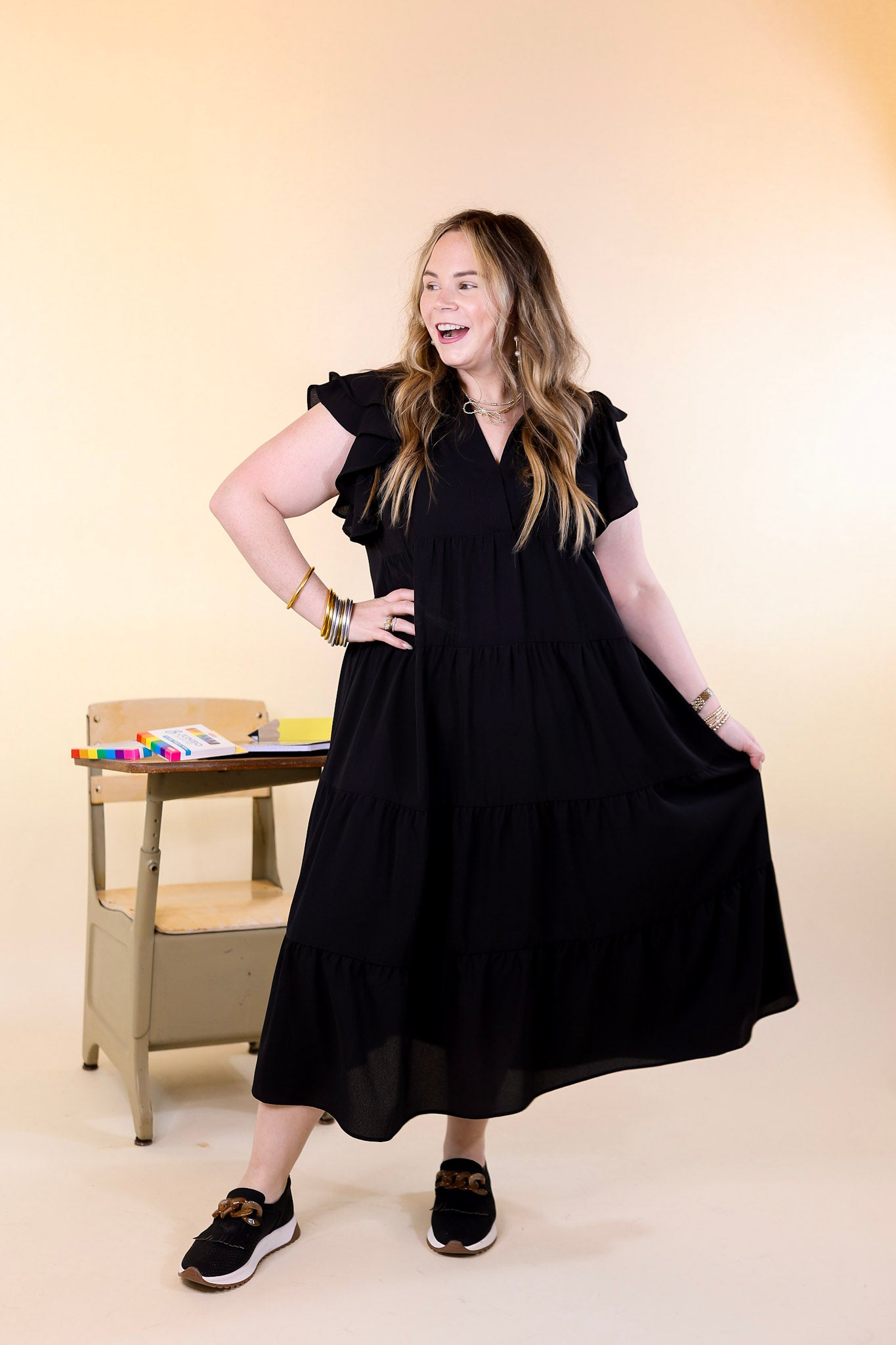 All Of A Sudden Tiered Midi Dress with Ruffle Cap Sleeves in Black