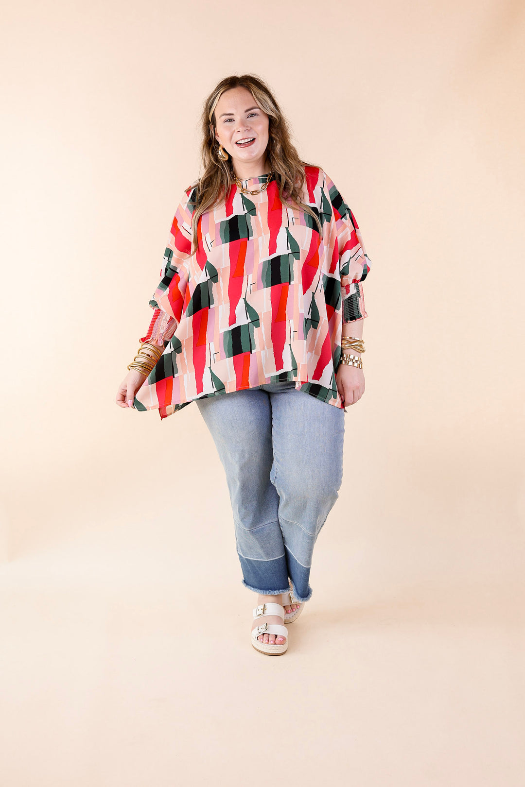 Museum Bound Abstract Print Top in Red and Green - Giddy Up Glamour Boutique