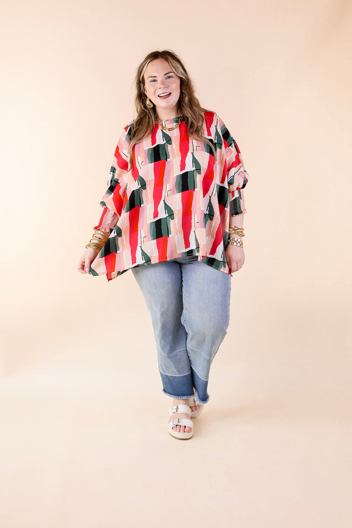 Museum Bound Abstract Print Top in Red and Green - Giddy Up Glamour Boutique
