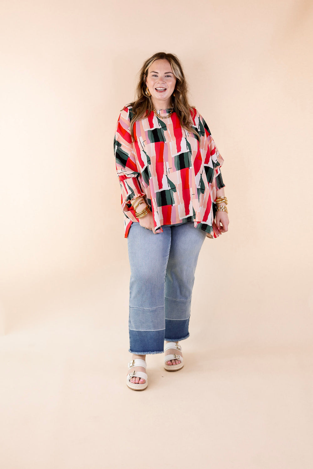 Museum Bound Abstract Print Top in Red and Green - Giddy Up Glamour Boutique