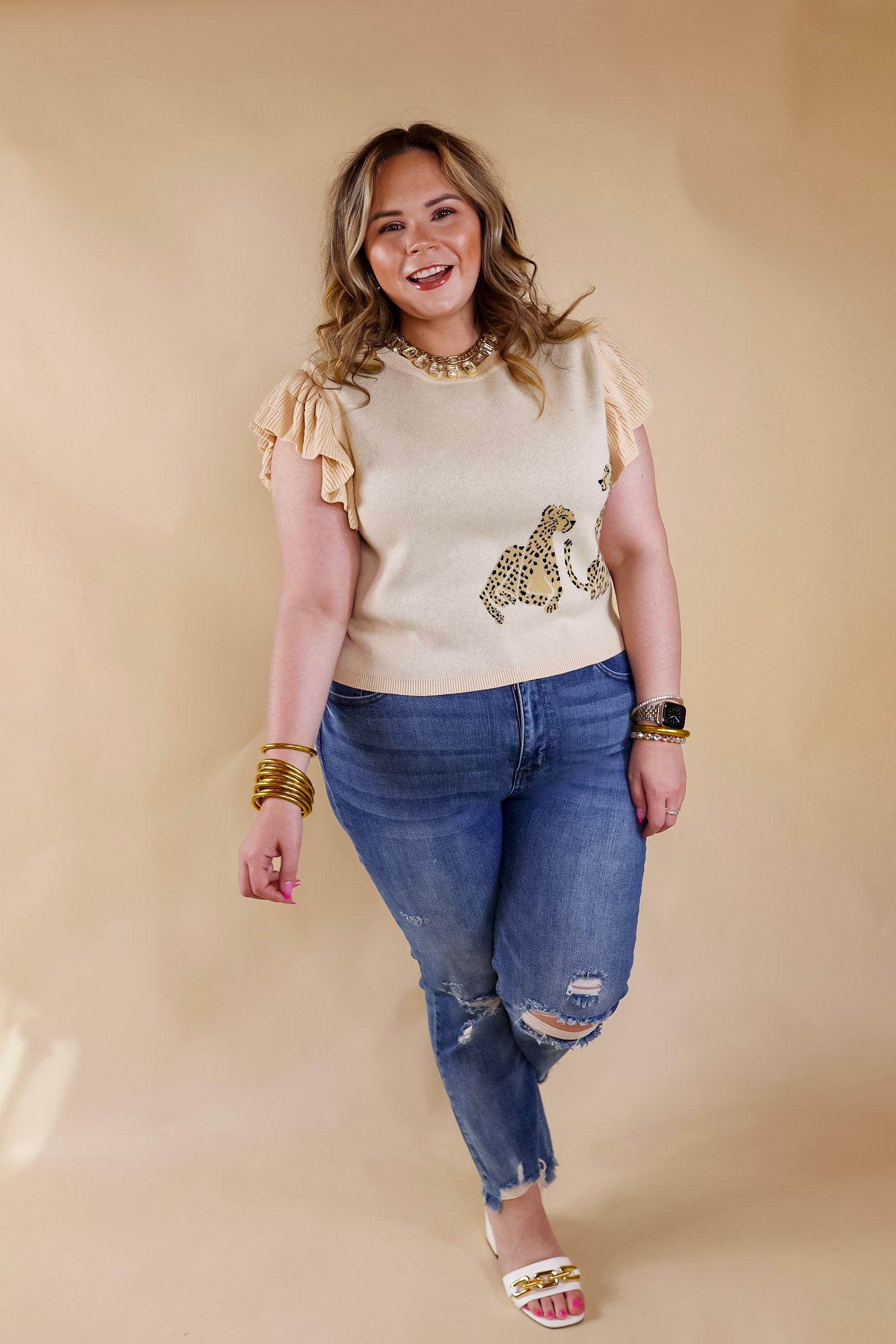Talk This Way Cheetah Print Sweater with Ruffle Cap Sleeves in Beige - Giddy Up Glamour Boutique