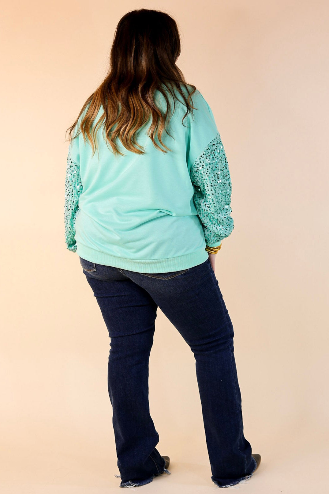 Last Chance Size 2XL | Sequin Santa Crewneck Sweatshirt with Velvet Sleeves in Mint Green