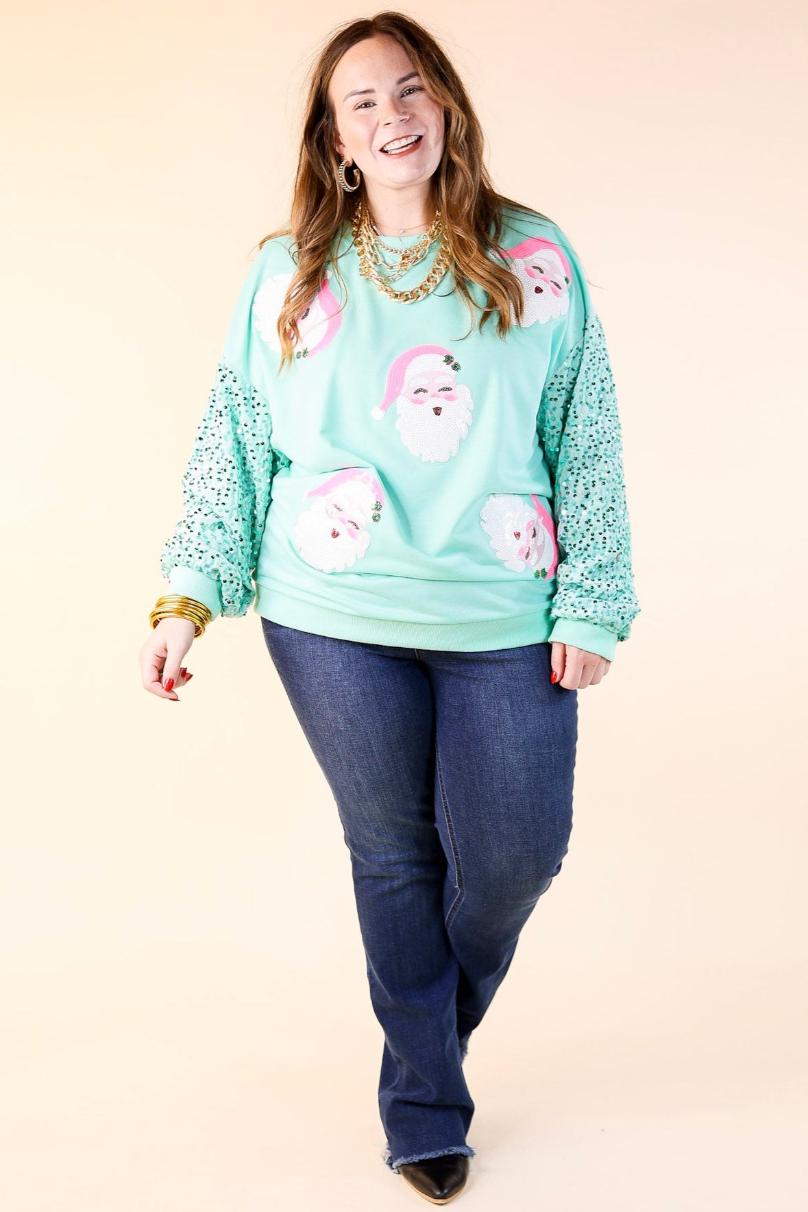 Sequin Santa Crewneck Sweatshirt with Velvet Sleeves in Mint Green