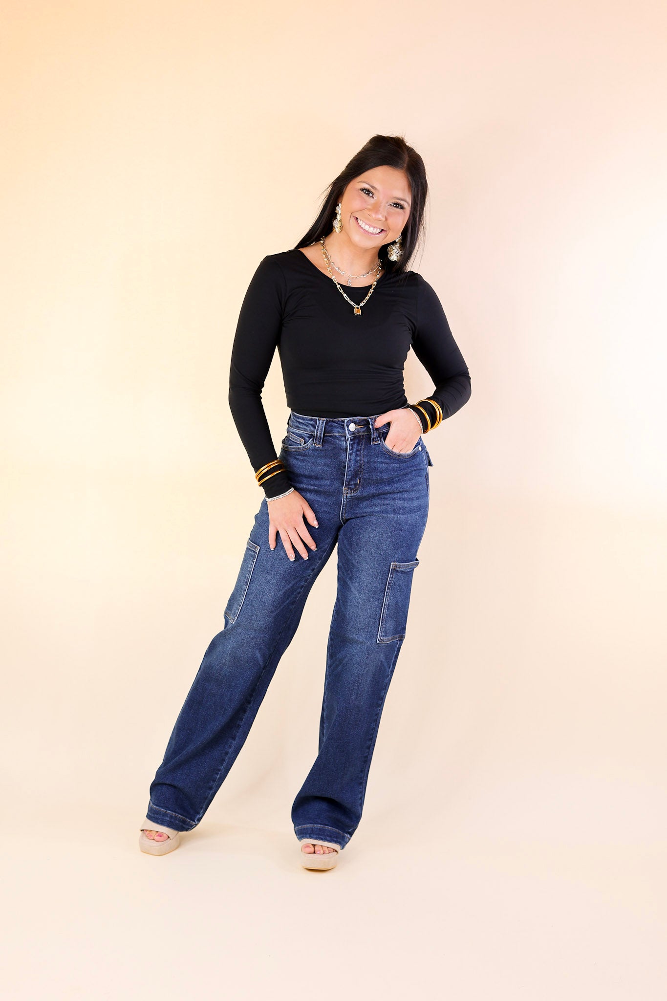 Judy Blue | Downtown Denim High Waisted Wide Leg Cargo Jean in Dark Wash - Giddy Up Glamour Boutique