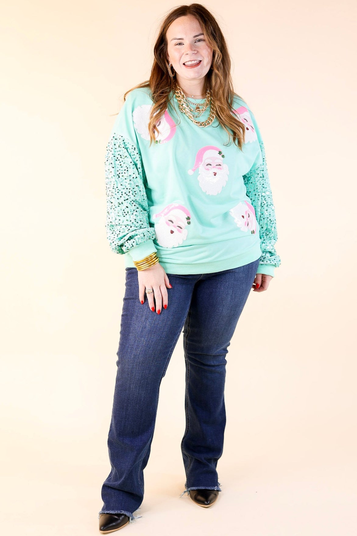 Sequin Santa Crewneck Sweatshirt with Velvet Sleeves in Mint Green