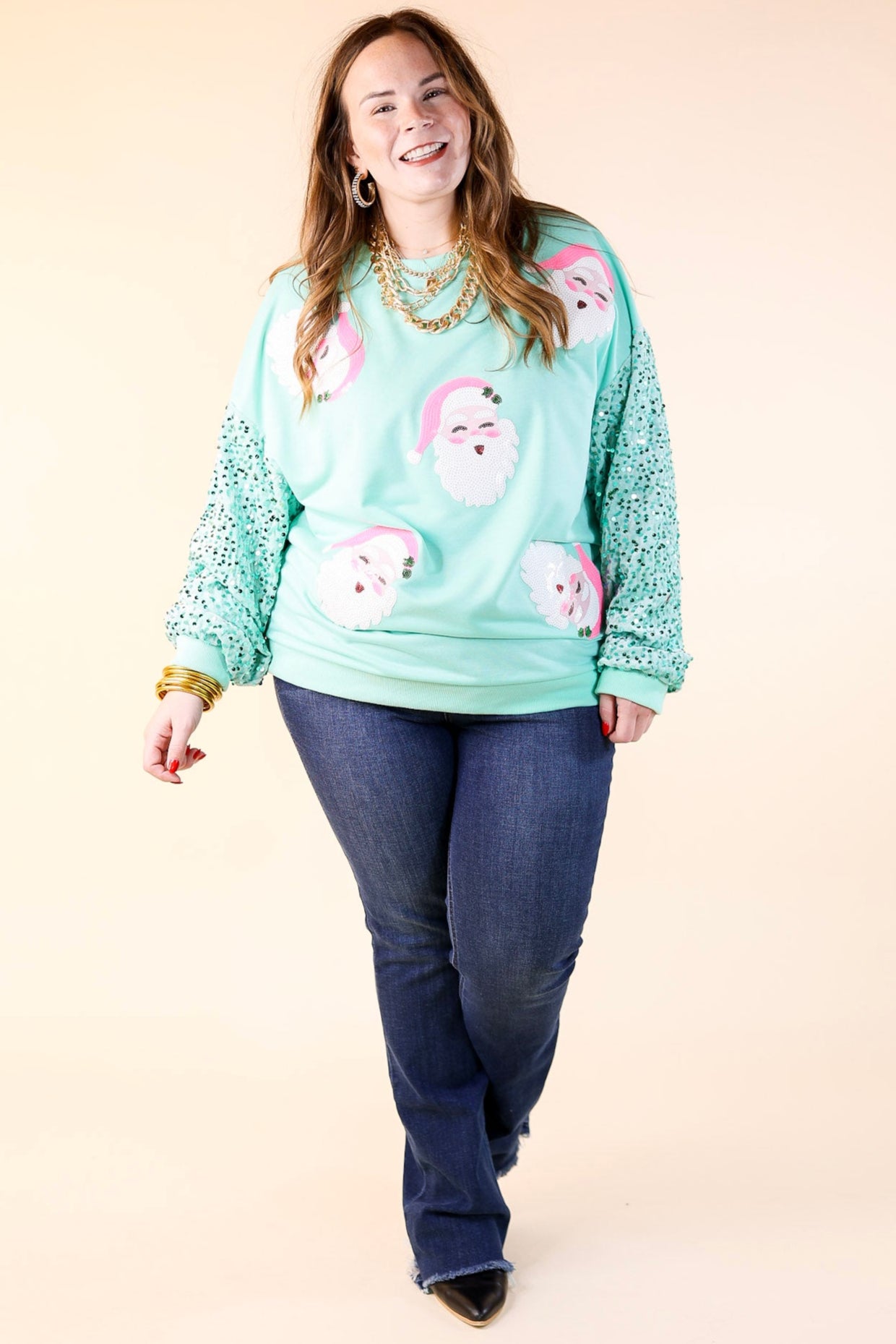 Sequin Santa Crewneck Sweatshirt with Velvet Sleeves in Mint Green