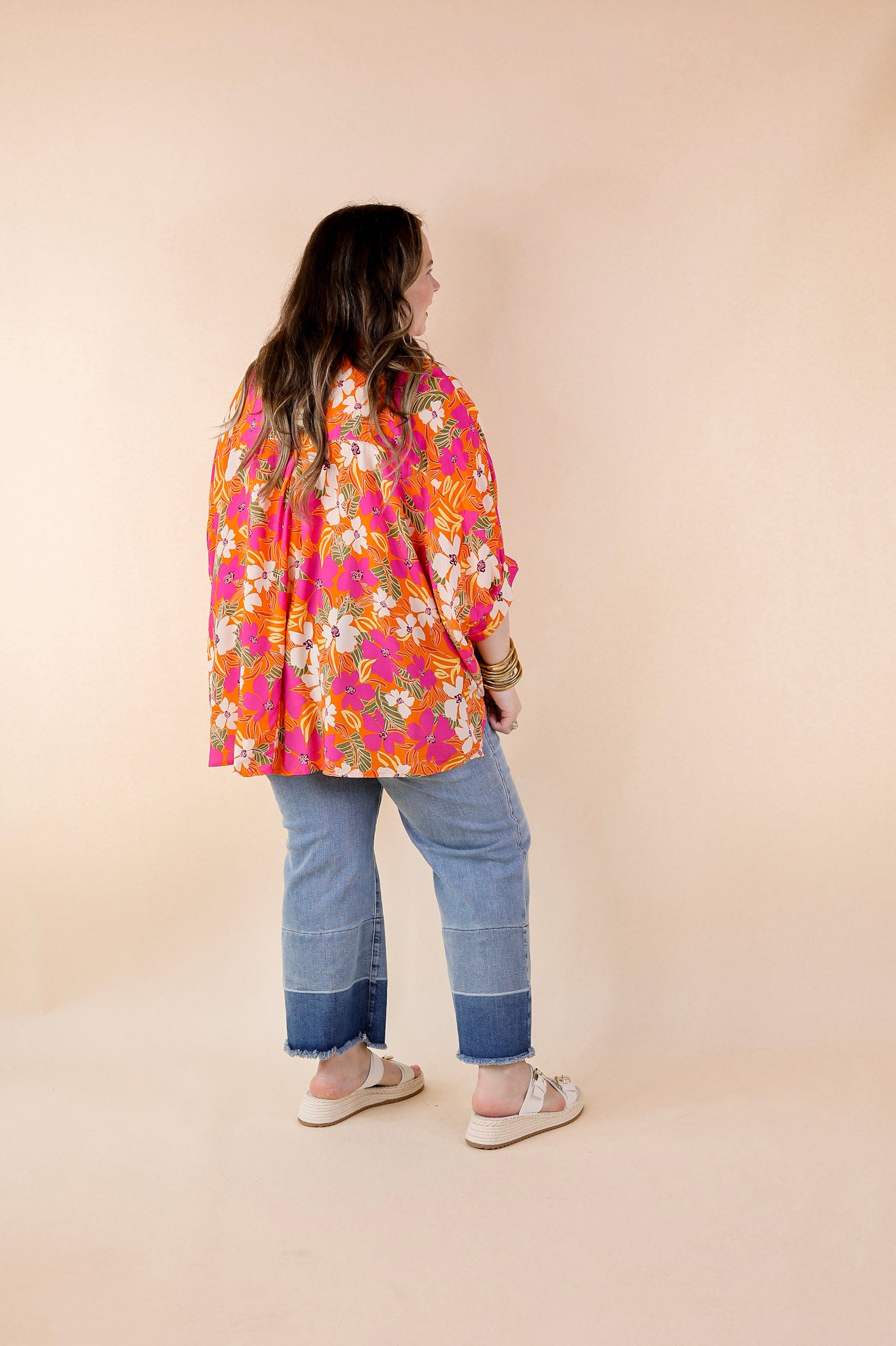 Bright Lifestyle Button Up Half Sleeve Floral Poncho Top in Orange Mix - Giddy Up Glamour Boutique