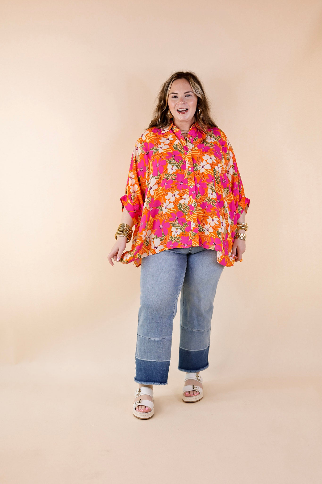 Bright Lifestyle Button Up Half Sleeve Floral Poncho Top in Orange Mix - Giddy Up Glamour Boutique
