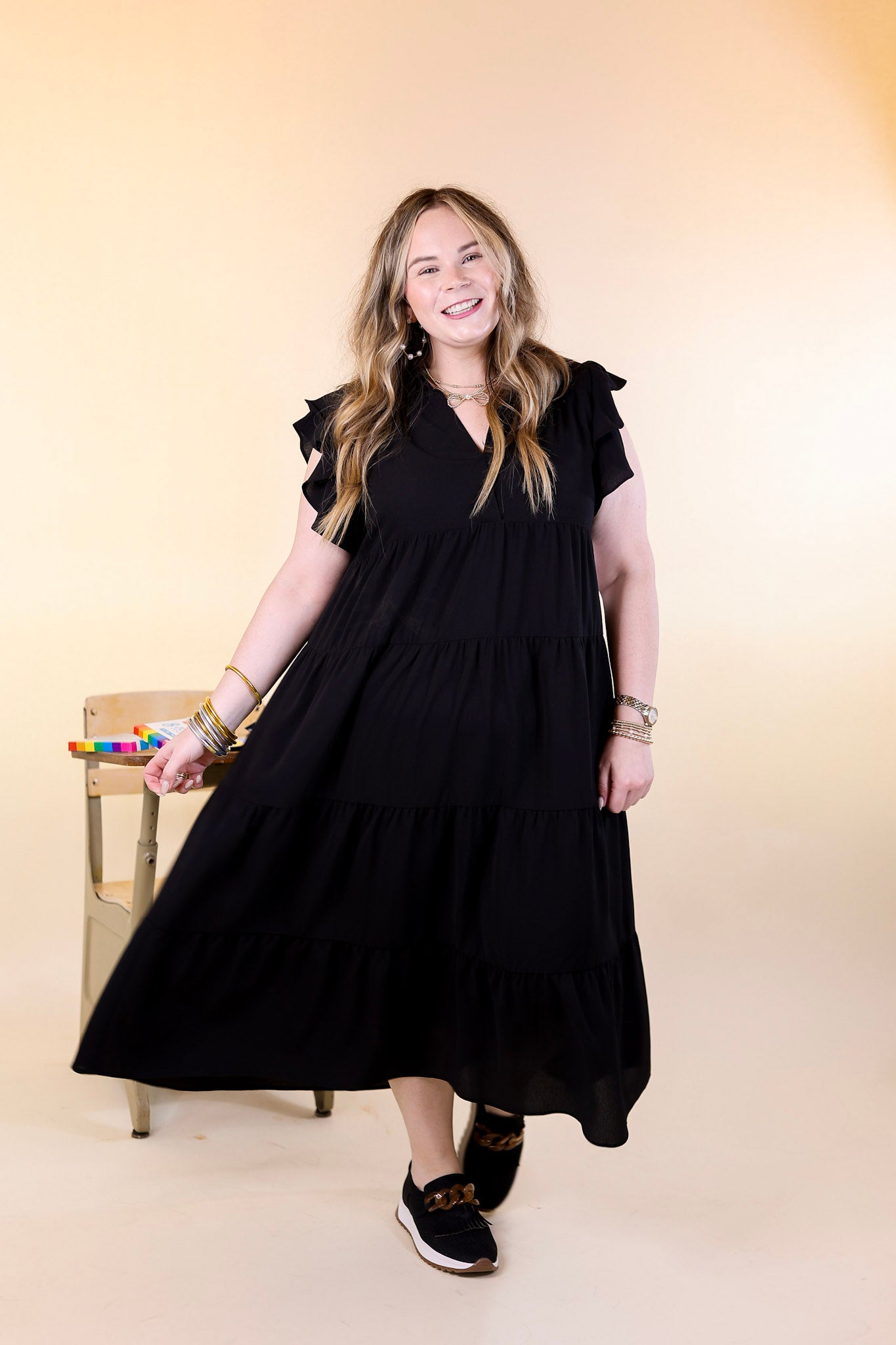 All Of A Sudden Tiered Midi Dress with Ruffle Cap Sleeves in Black