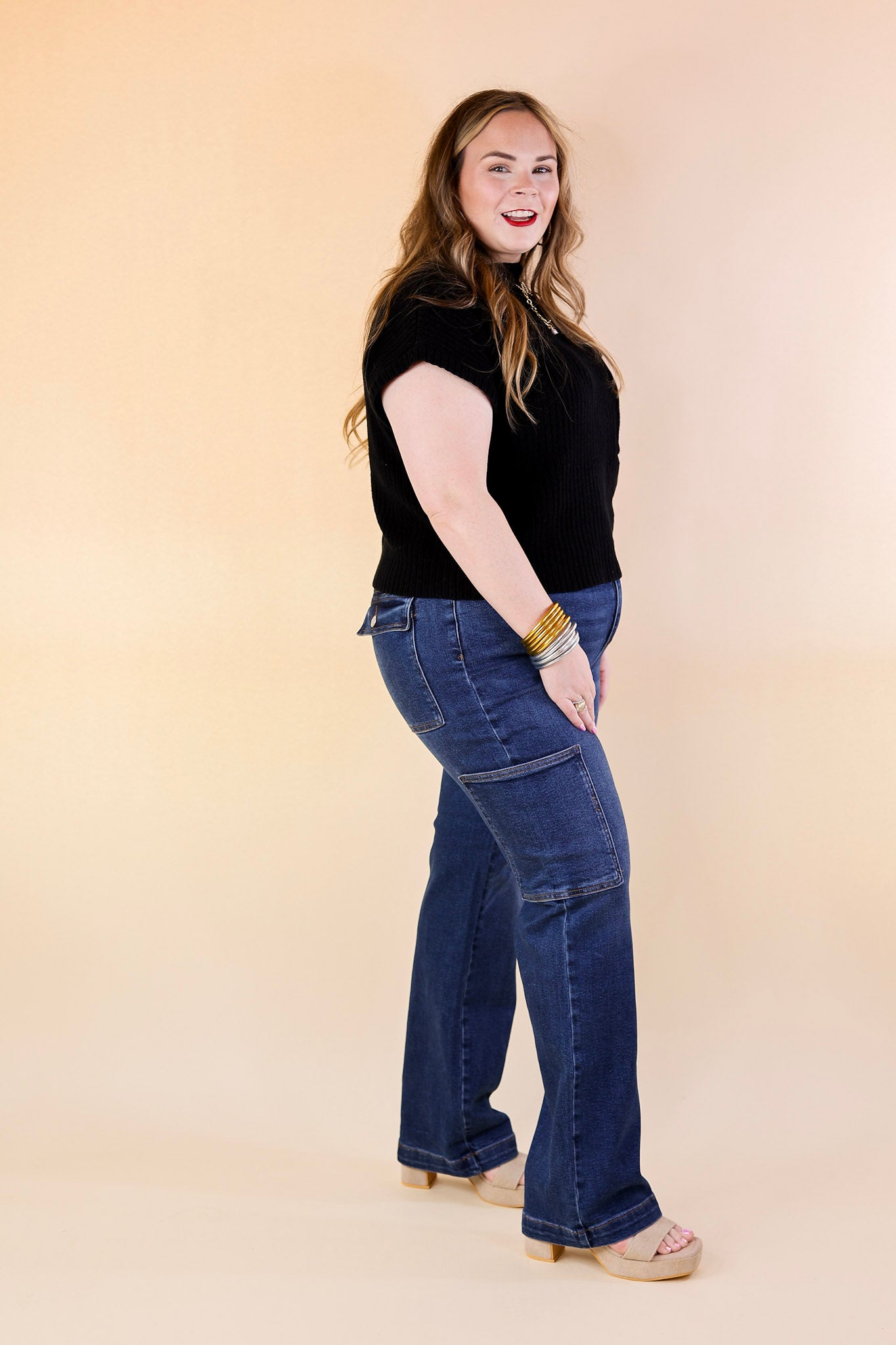 Judy Blue | Downtown Denim High Waisted Wide Leg Cargo Jean in Dark Wash - Giddy Up Glamour Boutique