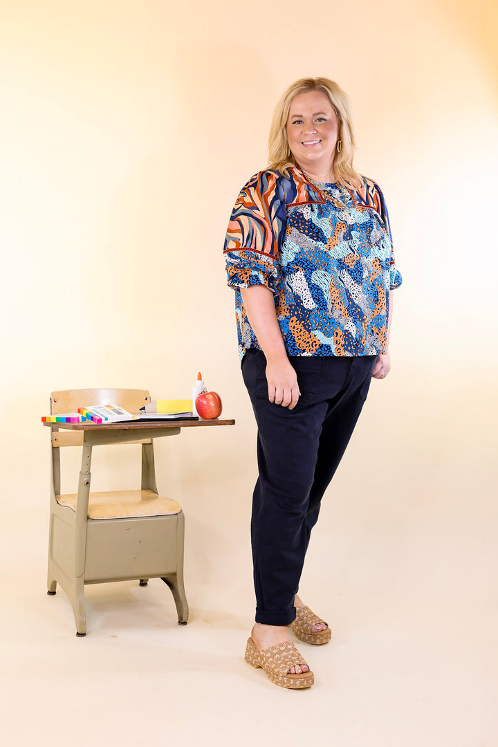 Last Chance Size Small | Unapologetically Unique Cheetah and Paintbrush Pattern Top In Blue Mix