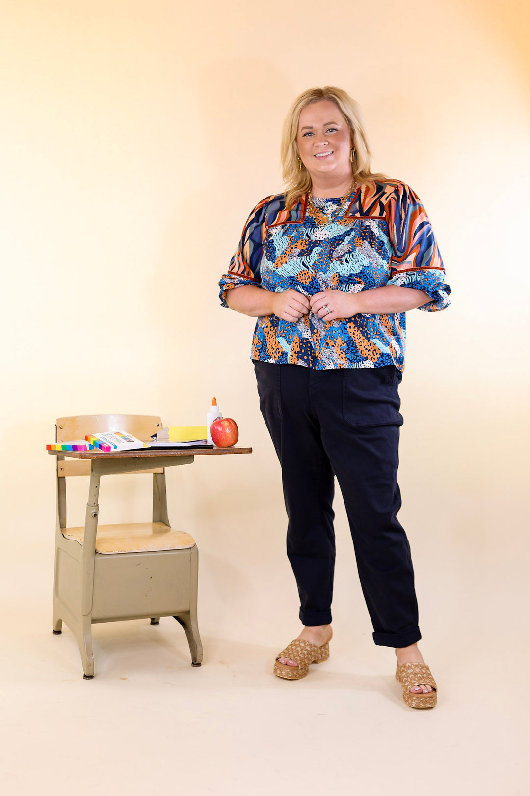 Last Chance Size Small | Unapologetically Unique Cheetah and Paintbrush Pattern Top In Blue Mix