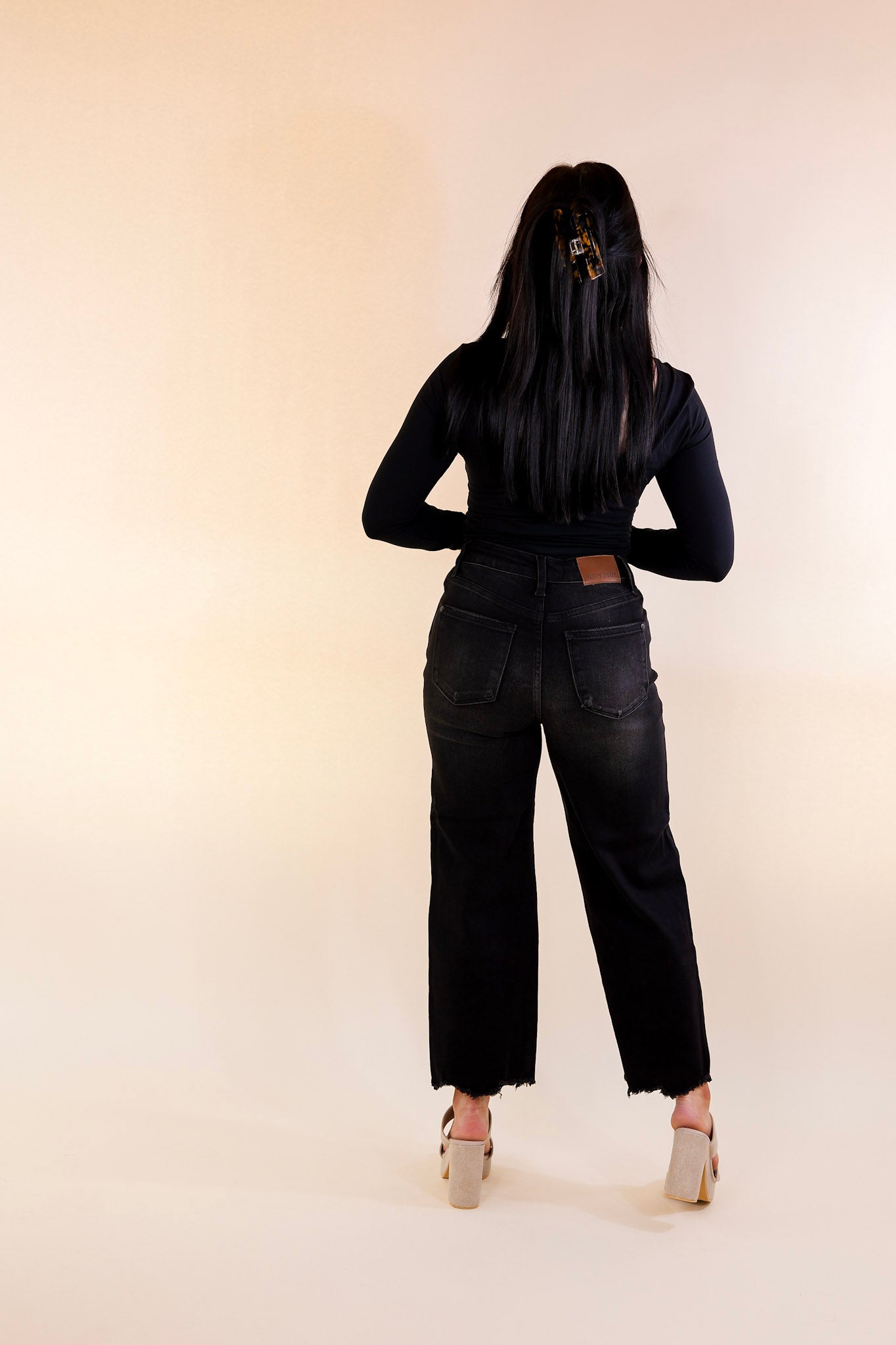 Judy Blue | Frayed Fusion Cropped Wide Leg Jean with Destroy Hem in Black - Giddy Up Glamour Boutique