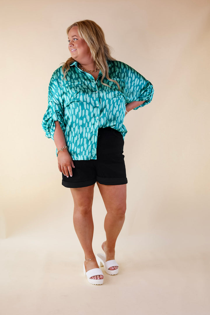 A Perfect Day Button Up Poncho Top in Teal Green Mix - Giddy Up Glamour Boutique