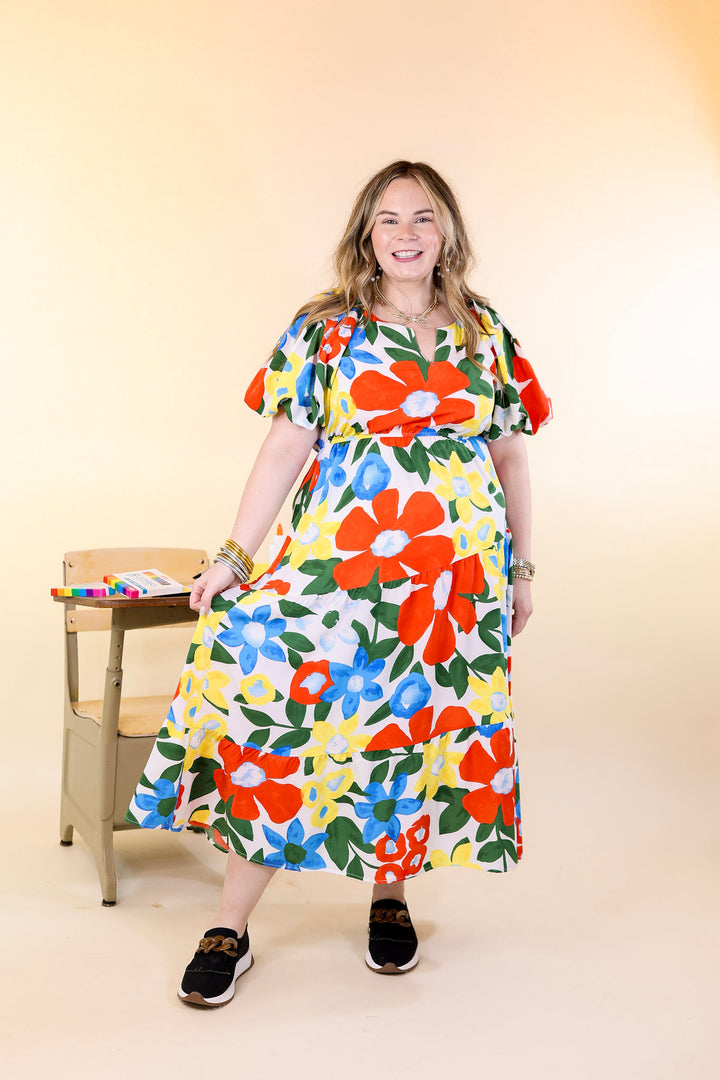 Gramercy Garden Floral Midi Dress with Short Balloon Sleeves in White