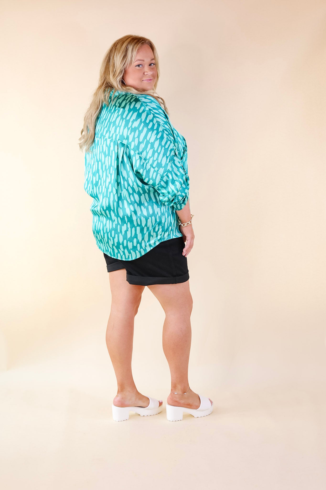 A Perfect Day Button Up Poncho Top in Teal Green Mix - Giddy Up Glamour Boutique