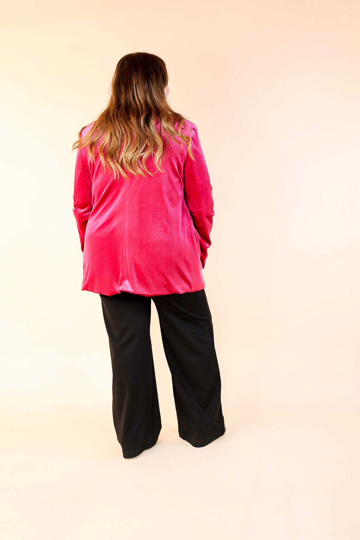 Touch Of Luxury Long Sleeve Velvet Blazer in Fuchsia Pink