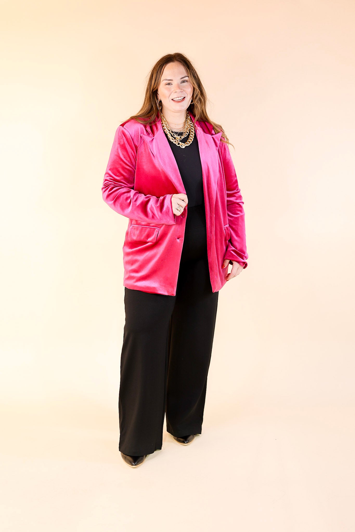 Touch Of Luxury Long Sleeve Velvet Blazer in Fuchsia Pink