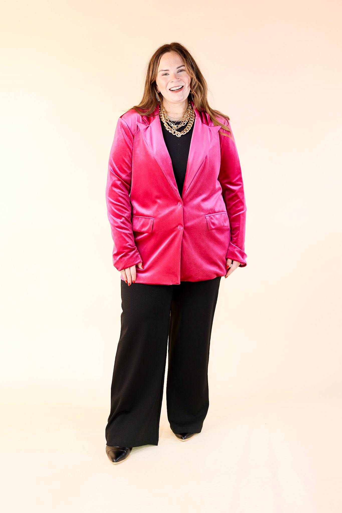 Touch Of Luxury Long Sleeve Velvet Blazer in Fuchsia Pink