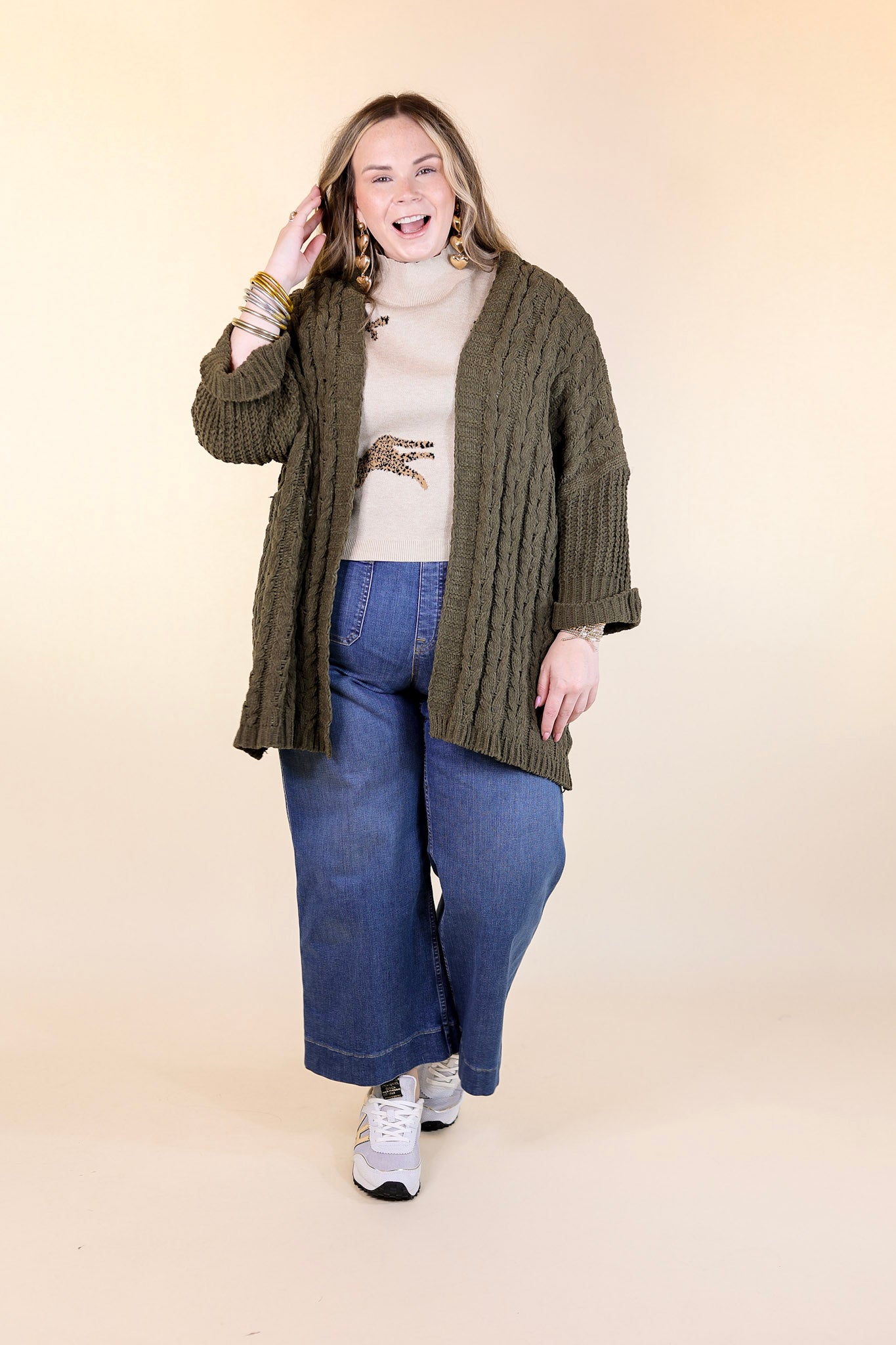 On My Level Chenille Cable Knit Open Front Cardigan in Olive Green