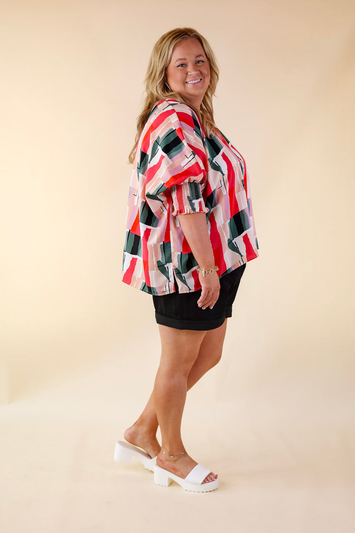 Museum Bound Abstract Print Top in Red and Green - Giddy Up Glamour Boutique