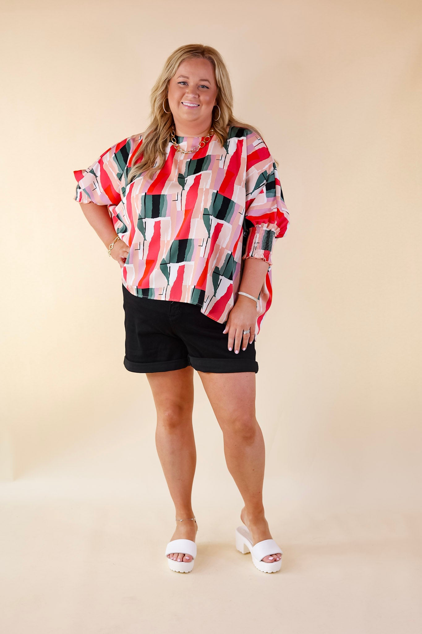 Museum Bound Abstract Print Top in Red and Green - Giddy Up Glamour Boutique