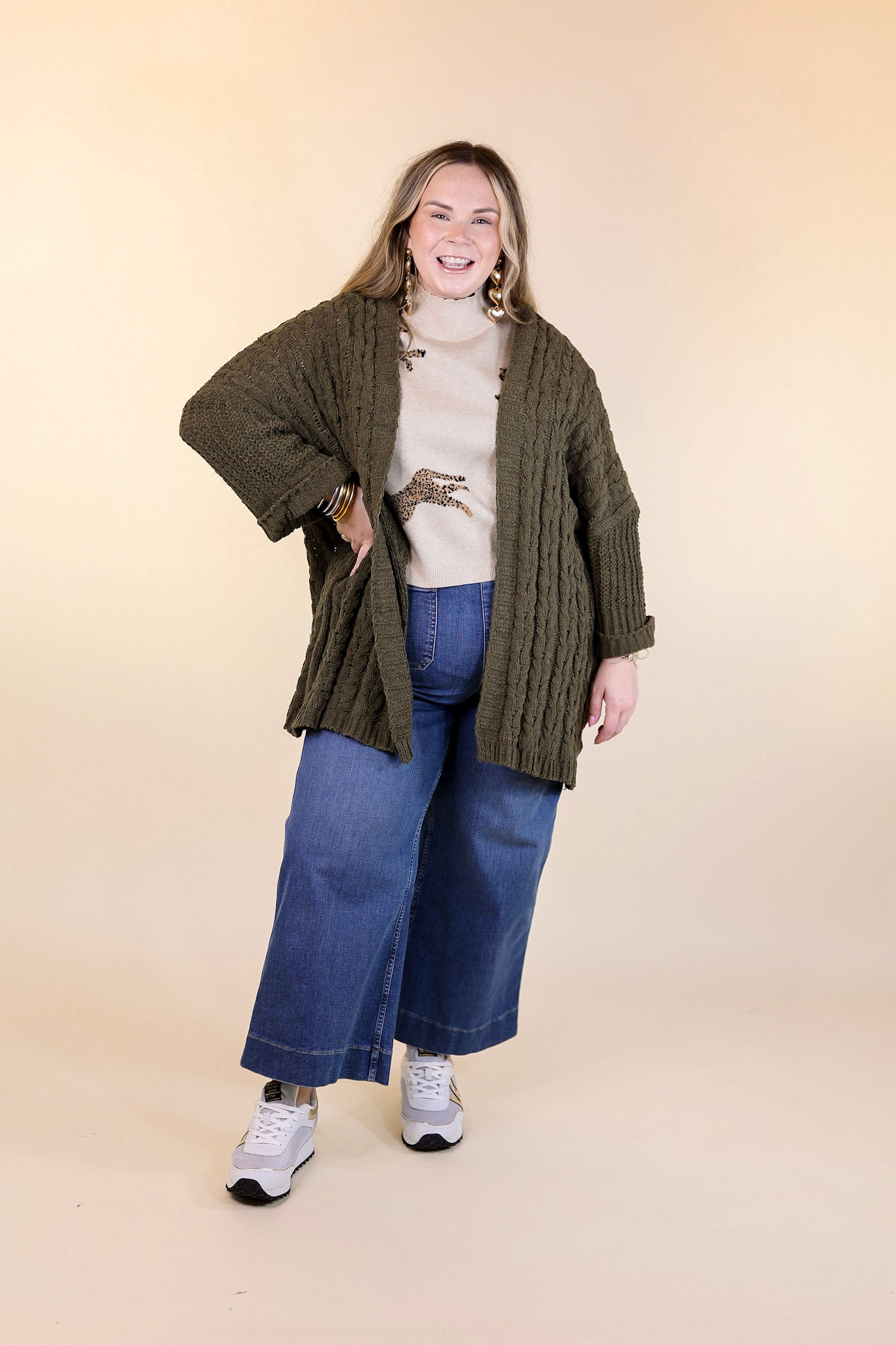 On My Level Chenille Cable Knit Open Front Cardigan in Olive Green