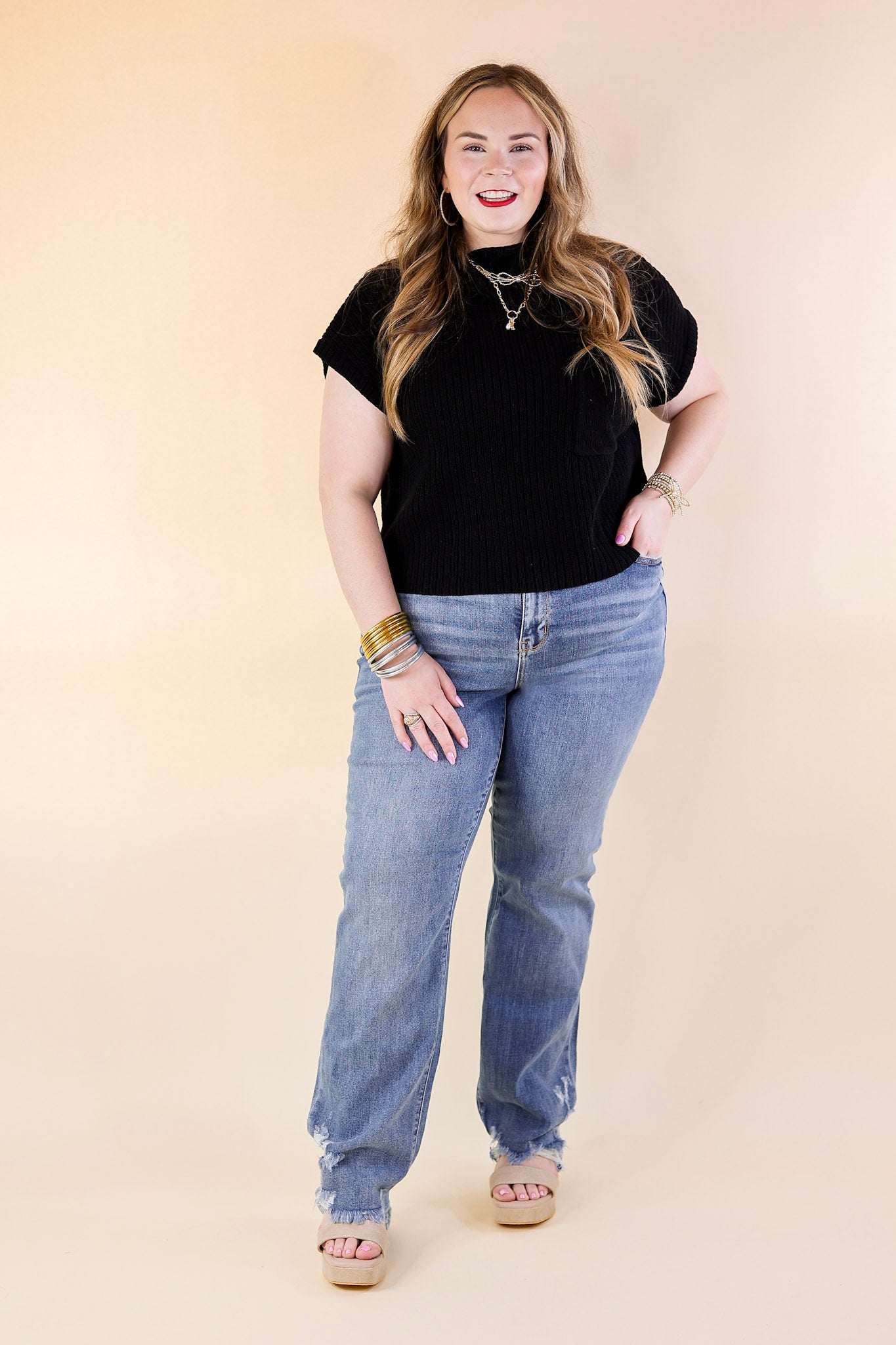 Judy Blue | Weekend Wanderer High Waisted Straight Leg Jean with Destroyed Hem in Medium Wash - Giddy Up Glamour Boutique