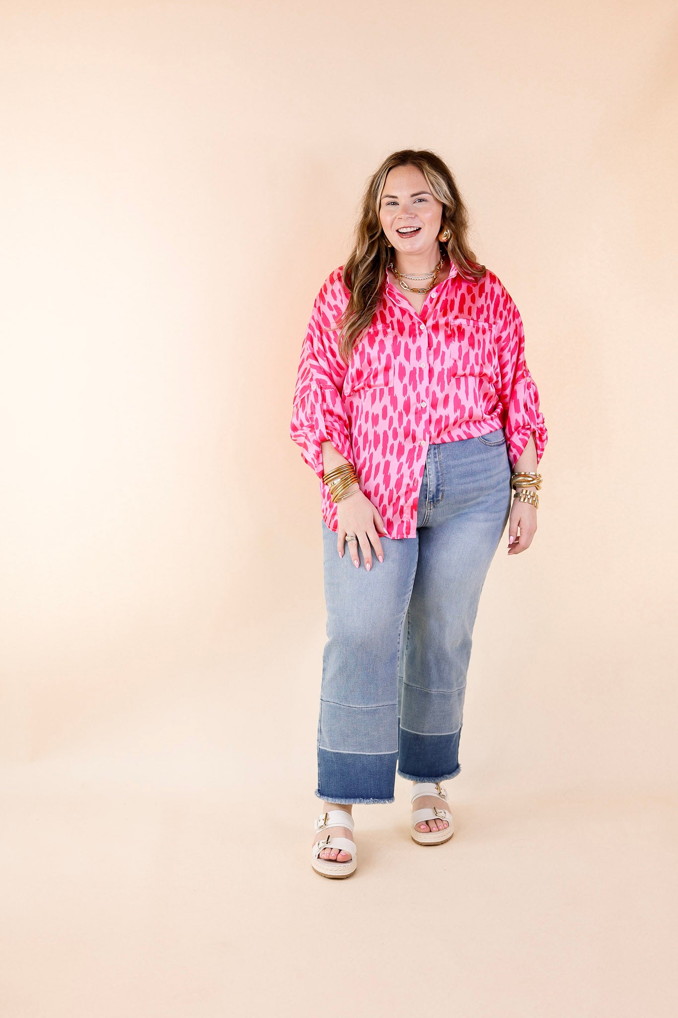 A Perfect Day Button Up Poncho Top in Pink Mix - Giddy Up Glamour Boutique