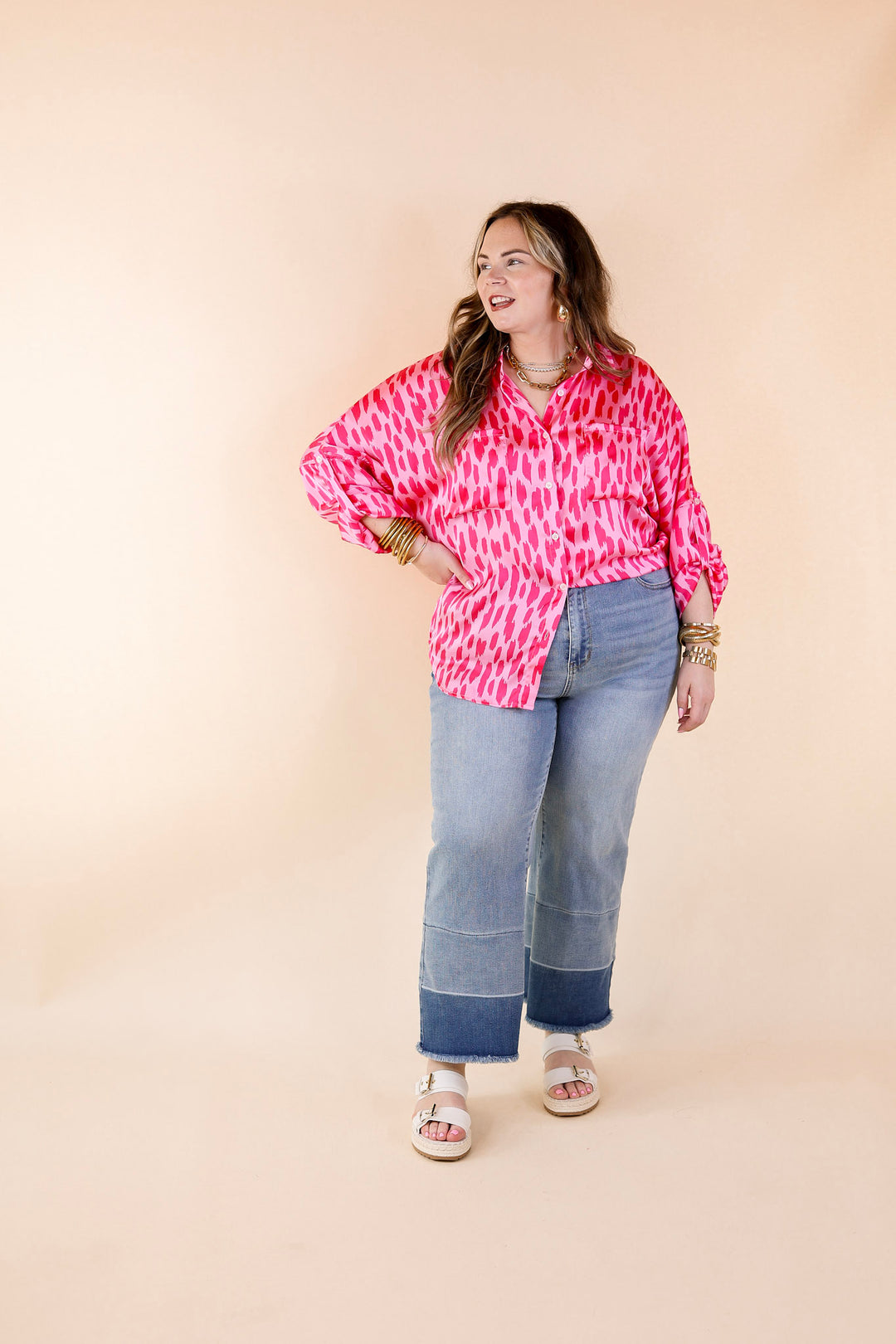 A Perfect Day Button Up Poncho Top in Pink Mix - Giddy Up Glamour Boutique