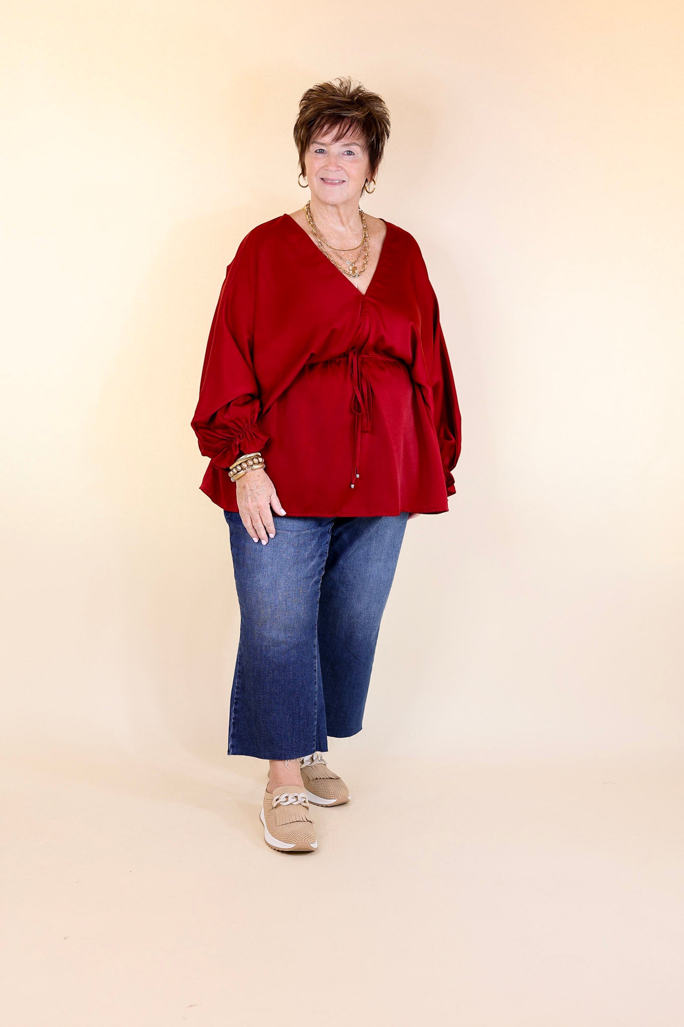 Stating Facts Satin Top with Drawstring Waist in Dark Red