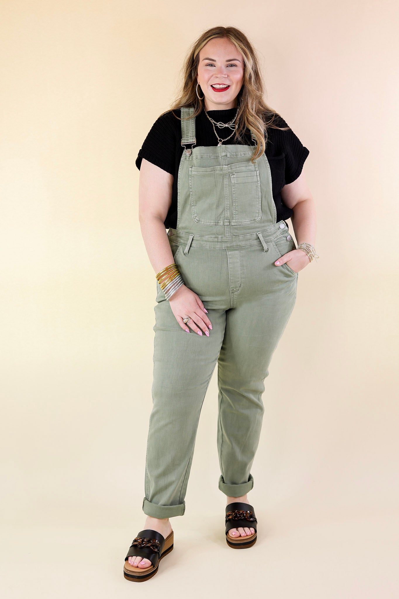 Judy Blue | Start The Bonfire Denim Garment Dyed Overalls in Sage Green - Giddy Up Glamour Boutique