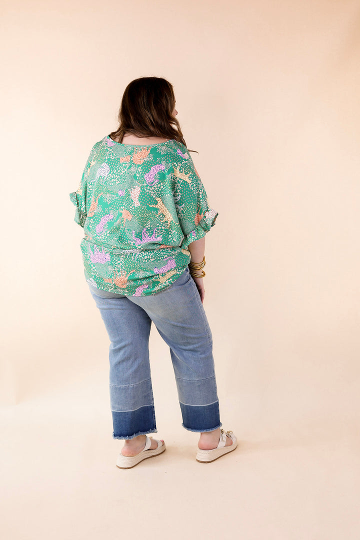 Best Version Cheetah Print V Neck Top with Ruffle Short Sleeves in Green Mix - Giddy Up Glamour Boutique