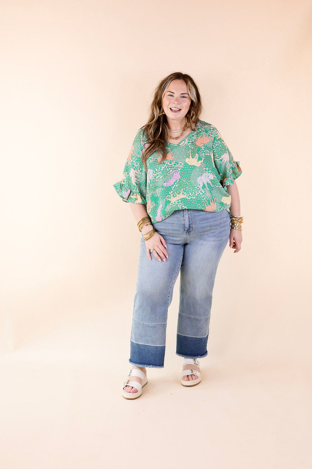 Best Version Cheetah Print V Neck Top with Ruffle Short Sleeves in Green Mix - Giddy Up Glamour Boutique