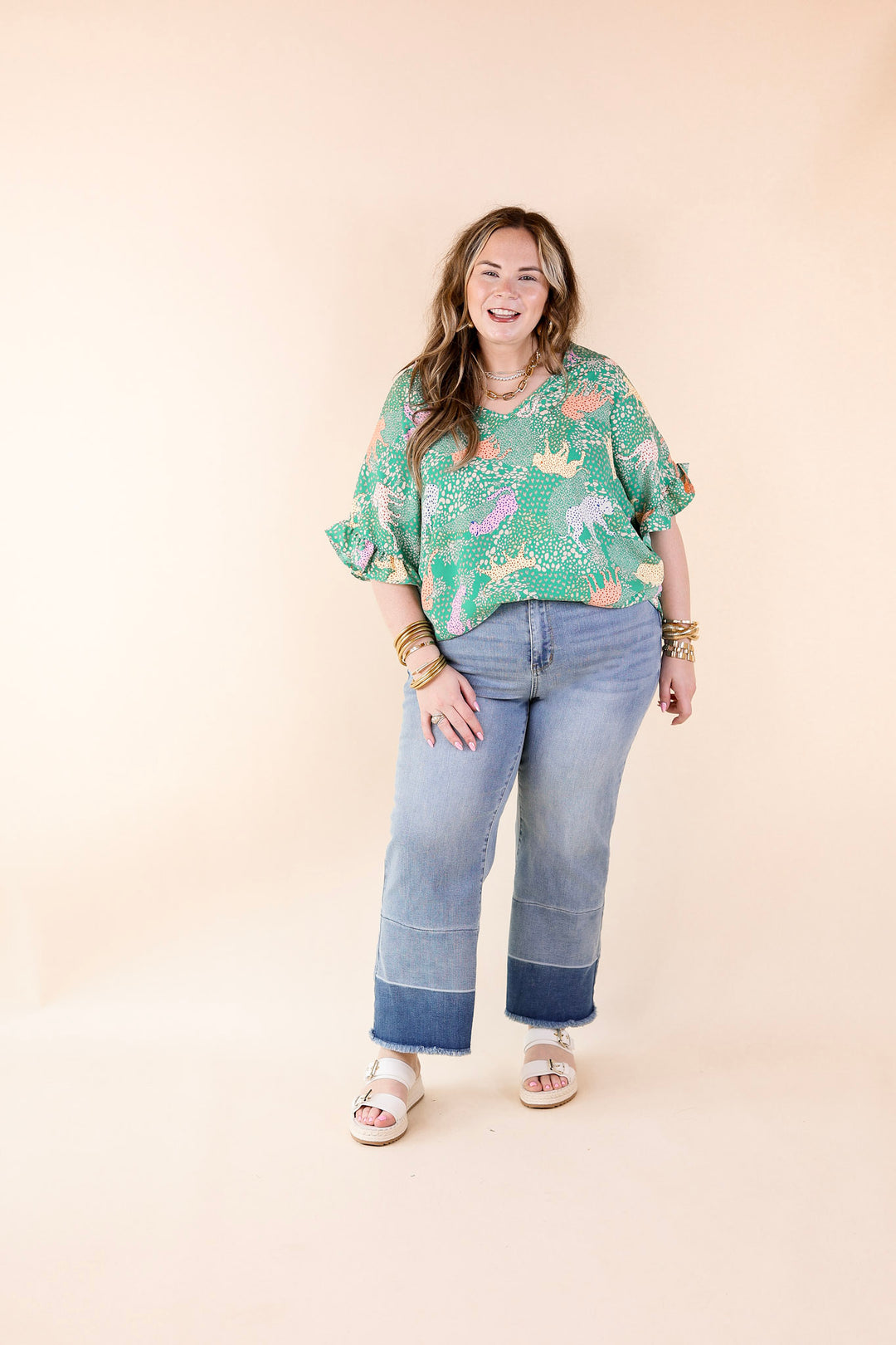 Best Version Cheetah Print V Neck Top with Ruffle Short Sleeves in Green Mix - Giddy Up Glamour Boutique