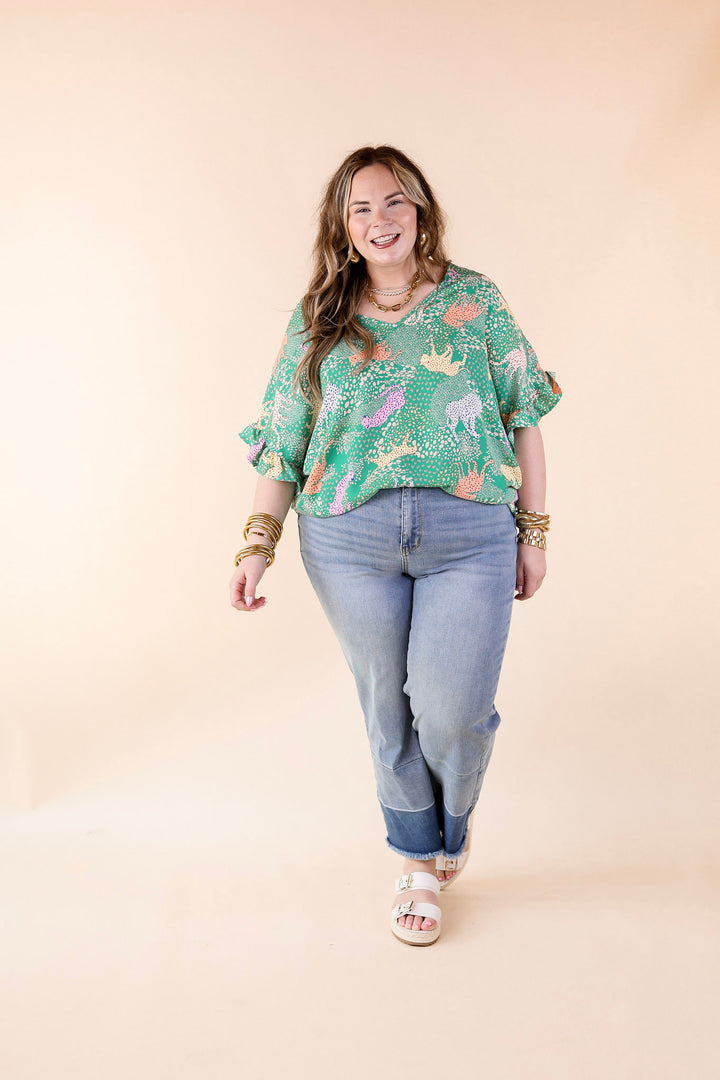 Best Version Cheetah Print V Neck Top with Ruffle Short Sleeves in Green Mix - Giddy Up Glamour Boutique