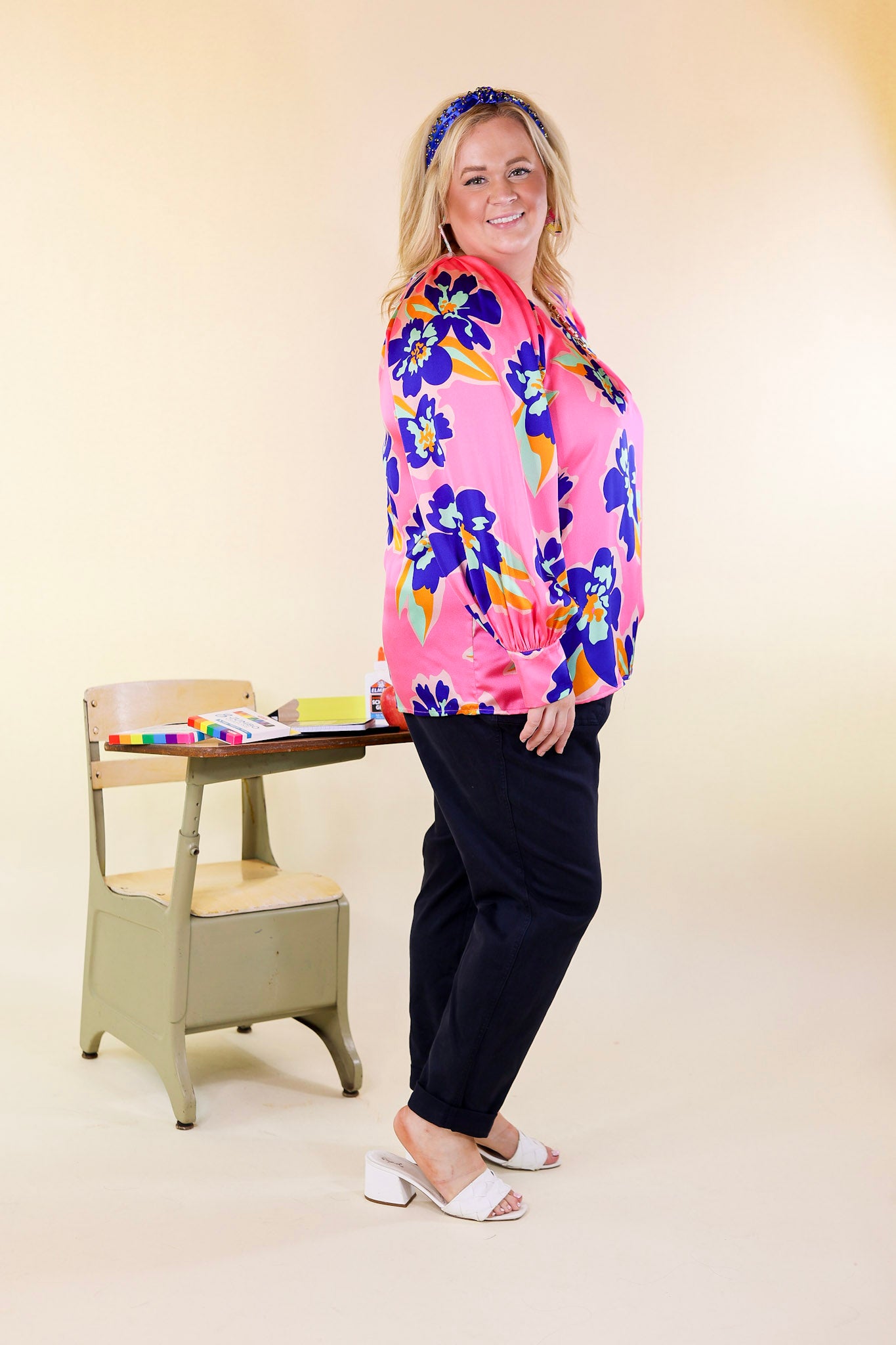 Peony Path Long Sleeve Floral Top with V Neckline in Pink