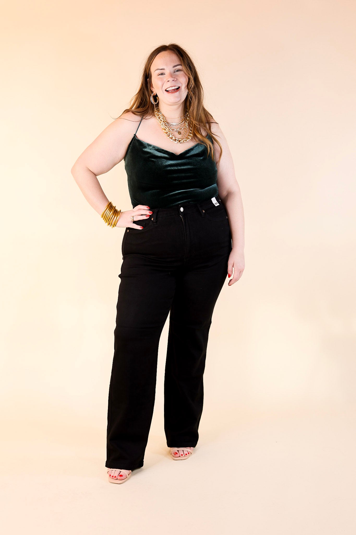 Rock Show Velvet Cowl Neck Bodysuit with Spaghetti Straps in Dark Green