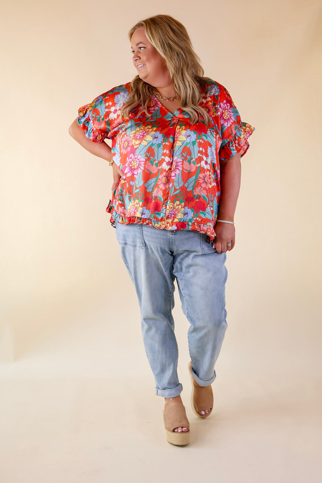 Blissful Mindset Floral V Neck Top with Short Ruffle Sleeves in Orange - Giddy Up Glamour Boutique