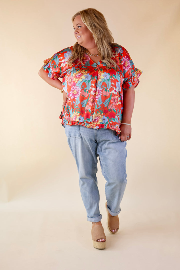 Blissful Mindset Floral V Neck Top with Short Ruffle Sleeves in Orange - Giddy Up Glamour Boutique