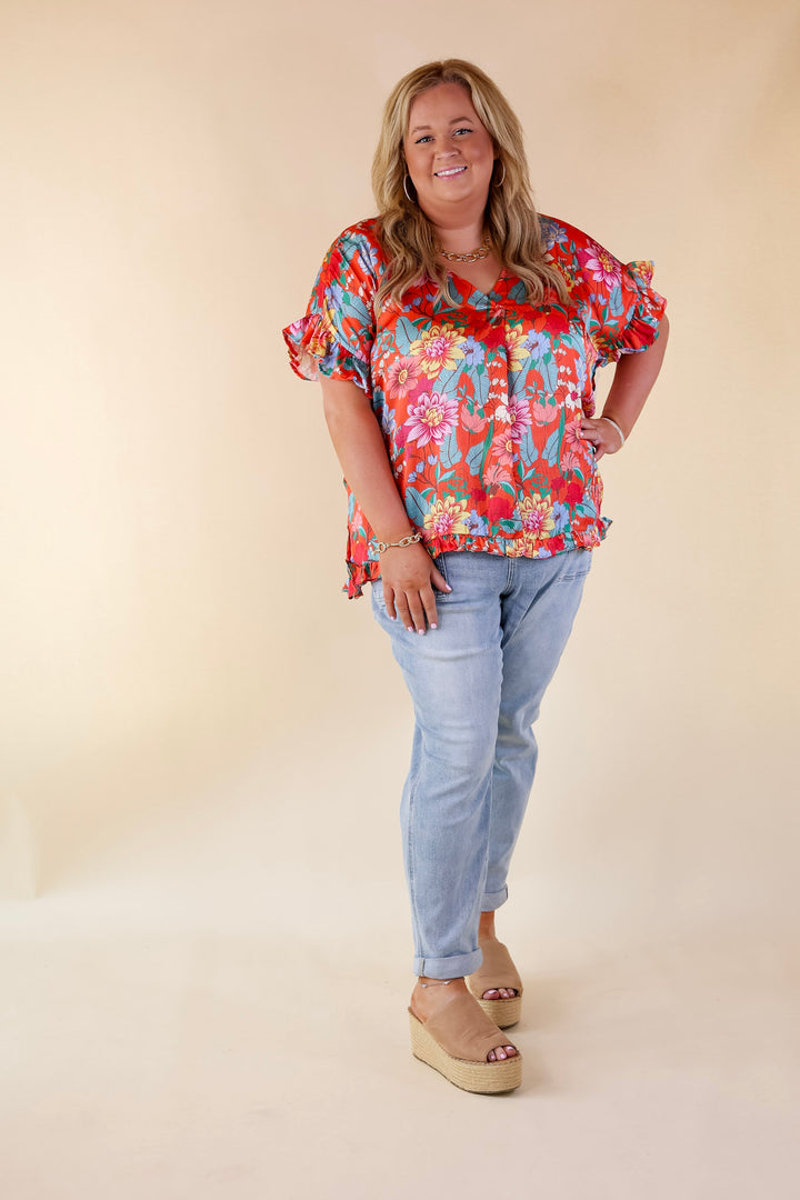 Blissful Mindset Floral V Neck Top with Short Ruffle Sleeves in Orange - Giddy Up Glamour Boutique