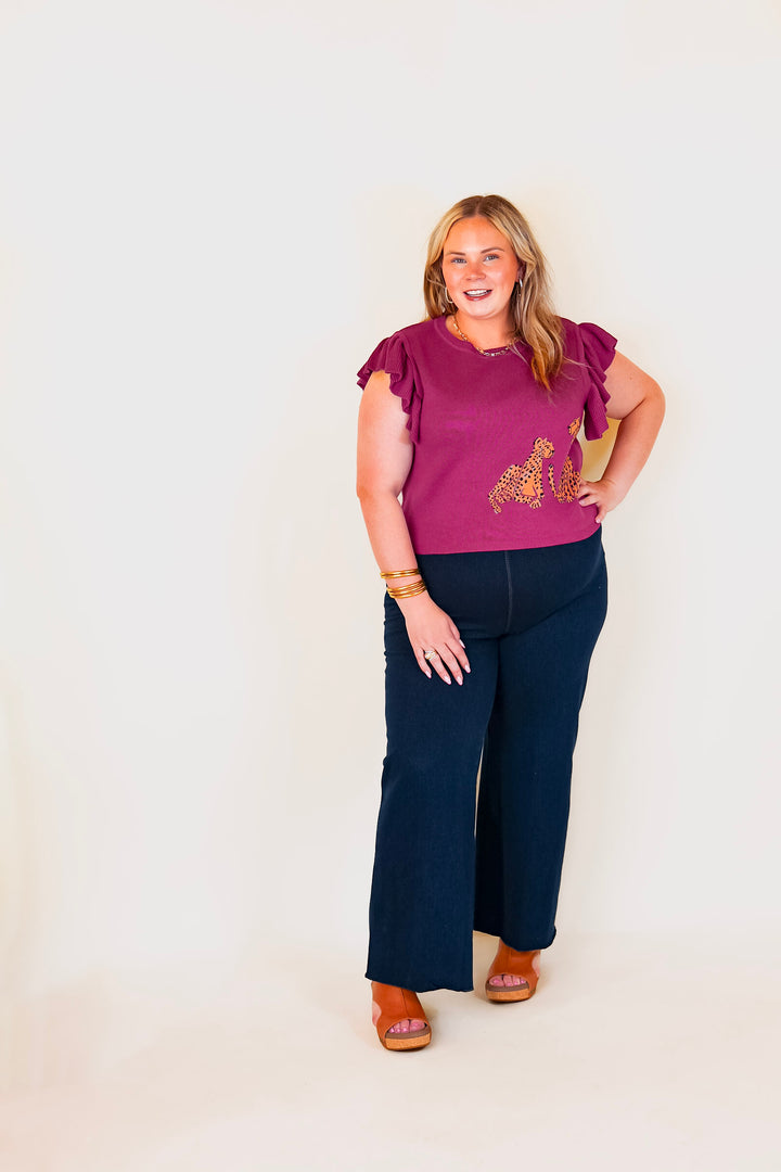Talk This Way Cheetah Print Sweater with Ruffle Cap Sleeves in Plum Purple - Giddy Up Glamour Boutique