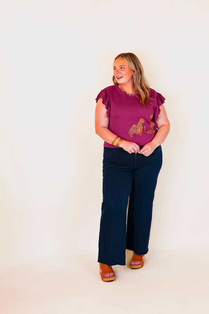 Talk This Way Cheetah Print Sweater with Ruffle Cap Sleeves in Plum Purple - Giddy Up Glamour Boutique