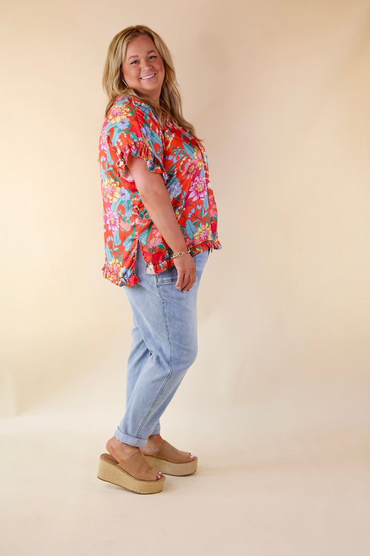 Blissful Mindset Floral V Neck Top with Short Ruffle Sleeves in Orange - Giddy Up Glamour Boutique