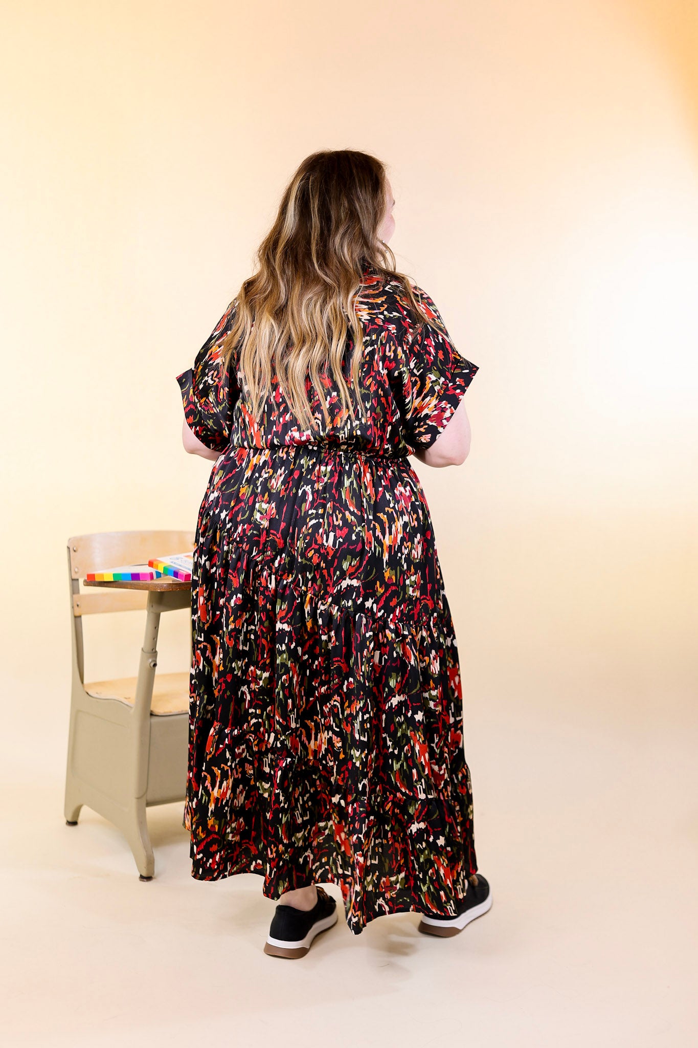 Burnin' Up Multicolor Abstract Print Midi Dress in Black