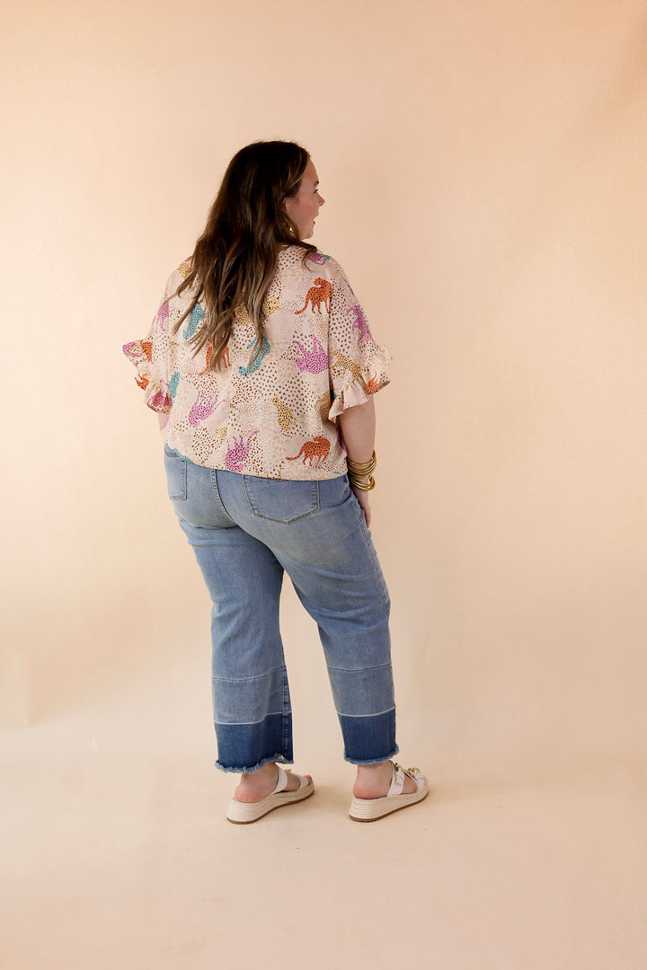 Best Version Cheetah Print V Neck Top with Ruffle Short Sleeves in Beige Mix - Giddy Up Glamour Boutique