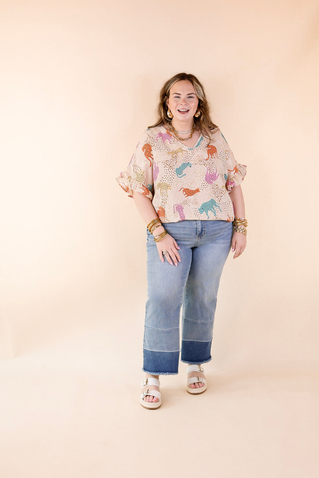 Best Version Cheetah Print V Neck Top with Ruffle Short Sleeves in Beige Mix - Giddy Up Glamour Boutique