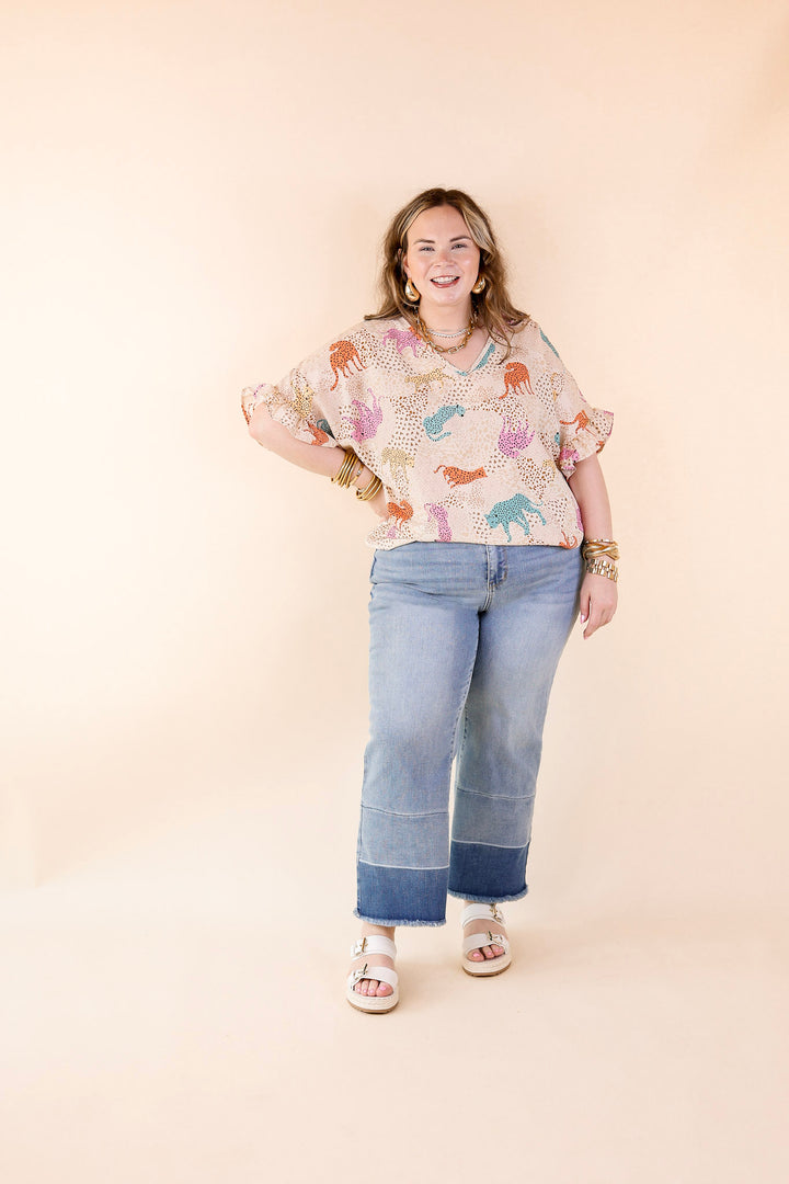 Best Version Cheetah Print V Neck Top with Ruffle Short Sleeves in Beige Mix - Giddy Up Glamour Boutique